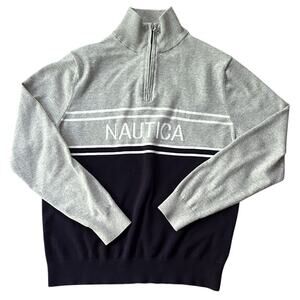 Nautica Gray & Navy Blue 1/4 Zip Cotton Logo Sweater Men's Medium